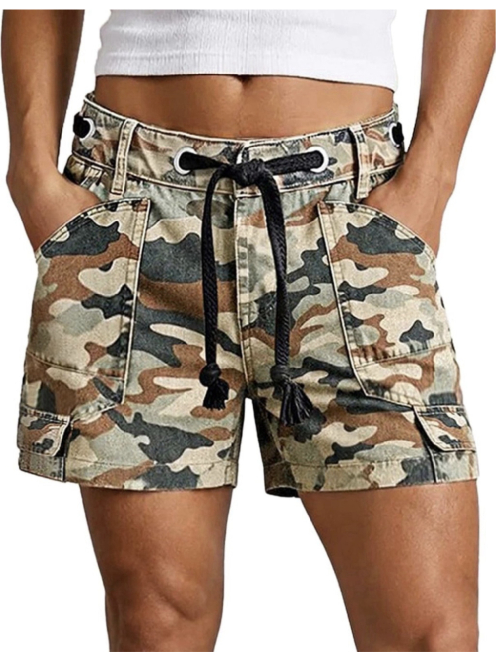 Flamingals Womens Mid Rise Camo Print Drawstring Shorts 2XL